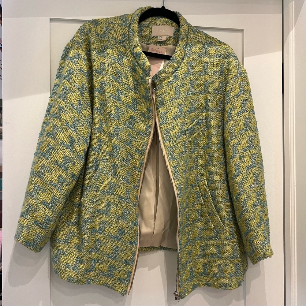 Multicolor tweed boucle textured zipper jacket bomber